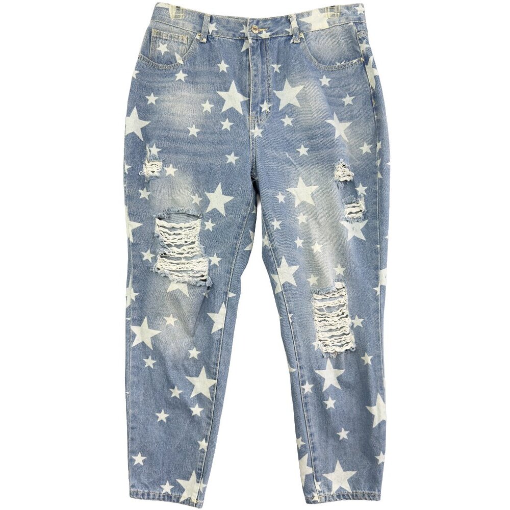 JEANS CO. Women’s OXL Distressed Star Print Boyfriend Jeans Light Blue Denim